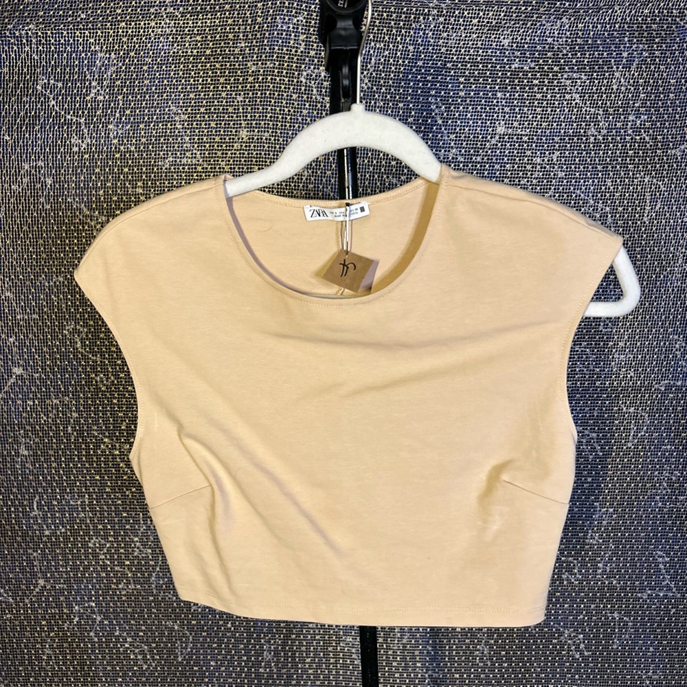 Zara Tan Cap Sleeve Fitted Crop Muscle Tee